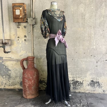 Vintage 1930s Black Silk Chiffon Dress Floral Print Short Puff Sleeve Full Lengh