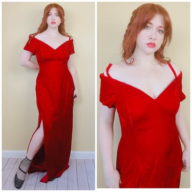 1990s Vintage ONON Red Velvet Off Shoulder Dress / 90s Volup Rhinestone Pretty Woman Side Slit Gown / Size XL 