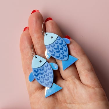Blue Fish Earrings - Handmade Leather Fish Earrings w/ Iridescent Fins 