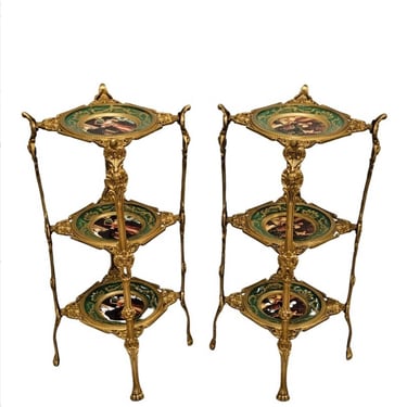 Antique French Victorian Aesthetic Movement Gilt Bronze Ormolu Mounted Porcelain Tiered Etagere Side Table Pair Late 19th Century 