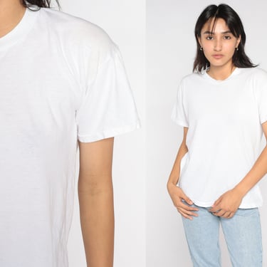 Plain White T-Shirt 80s Tee Basic Solid Crew Neck T Shirt Single Stitch Tshirt Blank Crewneck Minimalist Cotton Top Vintage 1980s Medium 
