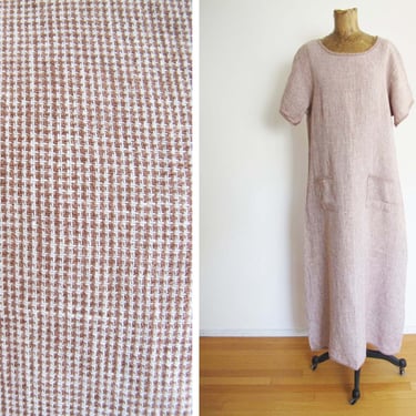 Vintage 90s Brown Plaid Linen Maxi Dress S M - 1990s Long Grunge Natural Fiber Minimalist Sundress 