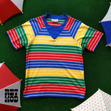 Comfy Vintage 80s 90s Green Blue Yellow Red Stripe Soft T-Shirt 
