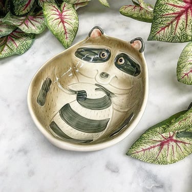 Vintage Trinket Dish 1980s Fitz and Floyd + Raccoon + Ceramic + Catch All + Nut or Candy Dish + Storage + Home and Table Decor 