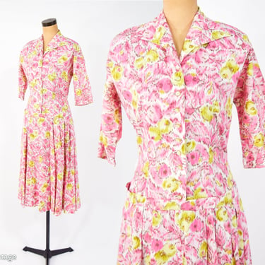 1950s Pink Print Cotton Dress | 50s Pink Floral Day Dress | Medium 