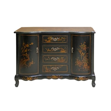 Chinese Black Veneer Golden Scenery Credenza Console Cabinet Table cs7680E 