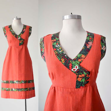 Vintage 1960s Dress / Vintage 1970s Dress / Red Orange Linen Dress / Cute Vintage Summer Dress / Floral Shift Dress Small 