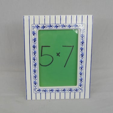 Vintage Ceramic Picture Frame - 5" x 7" - White with Blue Stripes and Flowers on Vines - Tabletop Display 