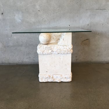Vintage 90's Post Modern Tessellated Stone &amp; Glass Side Table