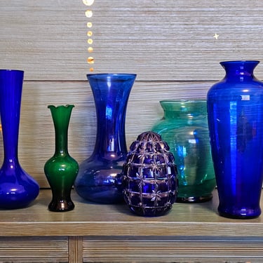 Modern Boho Blue Green Glass Vase Bottle Set Decor Glassware 