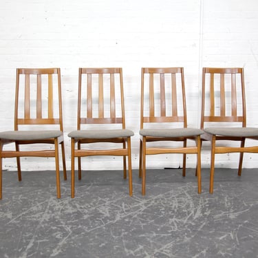 Vintage set of 4 teak wood and new upholstered seats chairs with tall back | Free delivery only in NYC and Hudson Valley areas 