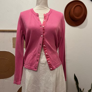 Vintage 90s Pink Cotton Pearl Round Button Front Cardigan Sweater M 