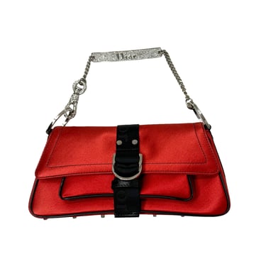 Dior Red Satin Rhinestone Chain Mini Bag