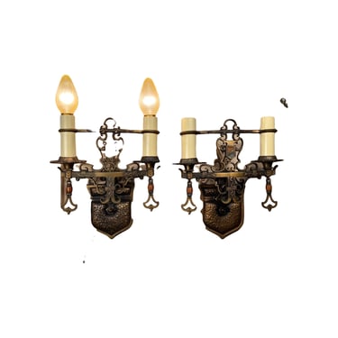 Five cast bronze spanish revival two  light wall sconces with original finish #2362 