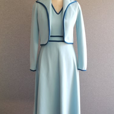 1970s - Two Piece - Dress / Jacket - Mid Century Mod - Blue - by Susan Thomas - Estimated size 4/6 