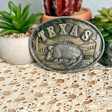 Texas Belt Buckle, Armadillo Ornate Design, Brass Bronze, Dated 1980, Vintage Belt Buckle 