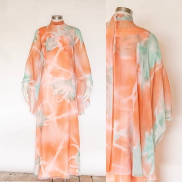 1970s Dress Silk Chiffon Floral Cape Maxi Gown S 
