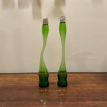 Pair of Vintage Stretch Green Glass Bottles Carnival Prize 1960s 1970s - Free Shipping 