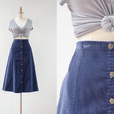 navy blue corduroy skirt | 80s 90s vintage dark blue academia cottagecore button down cotton fit and flare midi skirt 