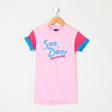 Vintage 90s San Diego Double-Sleeve T-Shirt - pink, aqua blue, single stitch, nineties, california - Women's M 