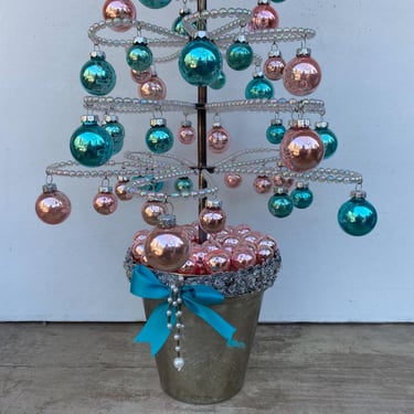 Vintage Rachel Ashwell Shabby Chic Christmas Tree, Glass Ball Beaded Tree, Table Top Tree Apartment, Pink Aqua Silver, Feminine, READ Descri 