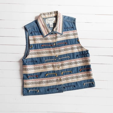striped denim vest | 90s vintage blue ribbon embroidered cute cottagecore country granny chic jean vest 
