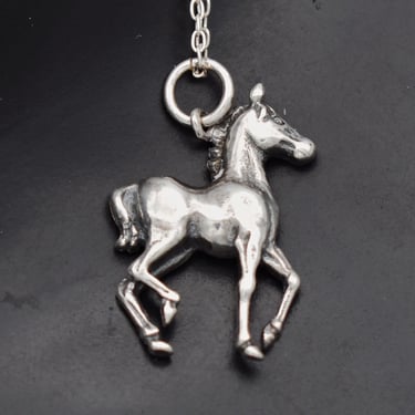 70's sterling prancing horse foal pendant, charming little 925 silver colt filly rolo chain necklace 