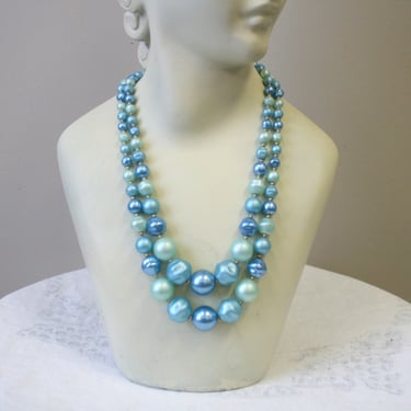 1960s Aqua Faux Pearl Two Strand Necklace 