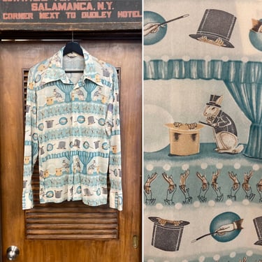 Vintage 1970’s Magician Magic Rabbit Cartoon Disco Polyester Shirt, 70’s Poly Shirt, Vintage Clothing 