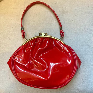 Vintage 60s Handbag / MOD RED Patent Purse / TWO Kisslock Openings + Top Handle 