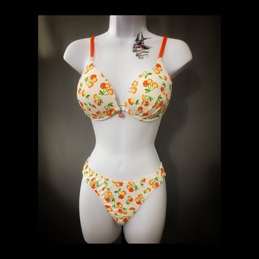 venus orange fruit print two piece bikini bathing suit, vintage venus push up womens swimsuit 