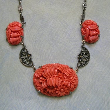 Vintage Art Deco Sterling Marcasite and Coral Colored Celluloid Floral Necklace, 1930's Sterling Celluloid Necklace (#4440) 