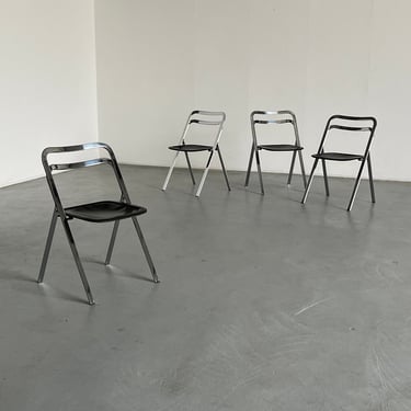 Set of 4 Vintage Mid-Century “Clio” Folding Chairs by Giorgio Cattelan for Cidue in Leather and Chrome, Italy 1970s 