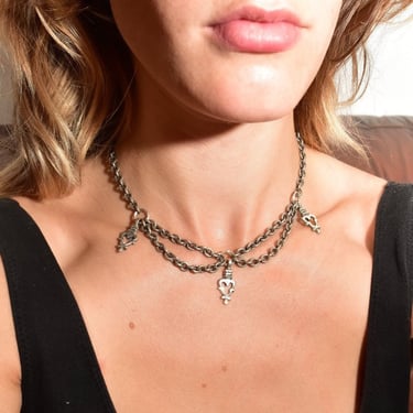 Modernist Sterling Silver Cable Chain Festoon Necklace, Gothic Tassel Pendant, Vintage Choker, Lisa Jenks Style, 15