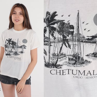 Chetumal T-Shirt Y2K Mexico Shirt Sailboat Beach Boat Palm Tree Graphic Tee Retro Tourist TShirt Travel Sailing Top White Vintage 00s Medium 