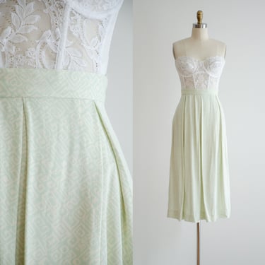 mint green skirt | 80s vintage pastel green aqua cream geometric pattern midi skirt 