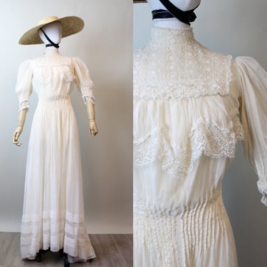 1905 ANTIQUE SILK MESH edwardian wedding dress xs | new spring 