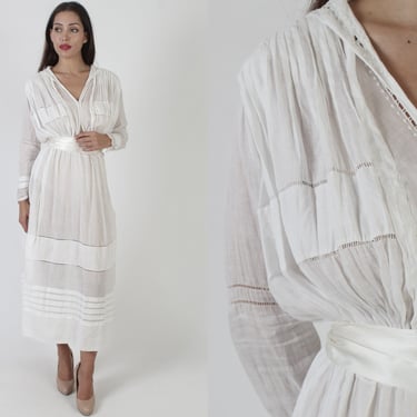1900s Era White Edwardian Dress / 1920s Lace Delicate Victorian Inspired Gown / Vintage 20s Plain Eyelet Antique Sundress 