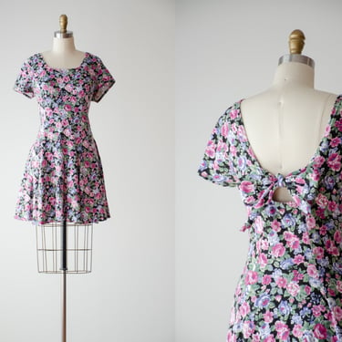 cute cottagecore dress | 80s 90s vintage black pink chintz floral short sleeve low back fit and flare dress 