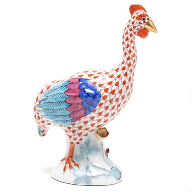 Antique Herend Guinea Fowl Figurine - 6" Handcrafted Porcelain in Rust Fishnet, Collectible Hungarian Sculpture 