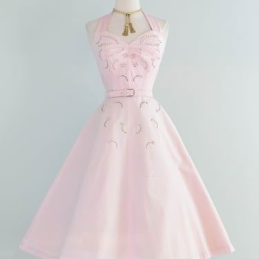Beautiful 1950's Pale Pink Cotton Embellished Summer Dress By Carl Naftal / S