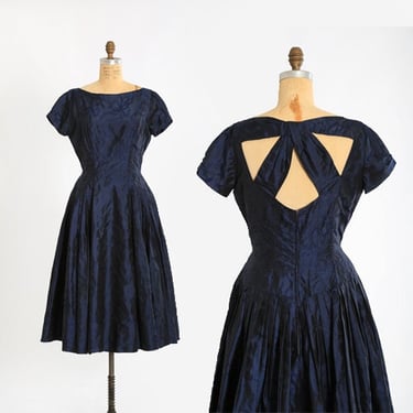 Vintage 50s Neiman Marcus blue silk taffeta bow open back cocktail dress 