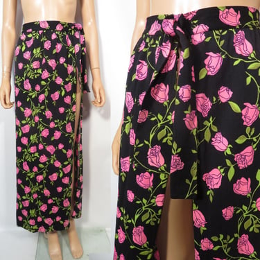 Vintage 60s/70s Neon Rose Print Maxi Wrap Skirt Swim Cover Up Size M 29/30 Waist 