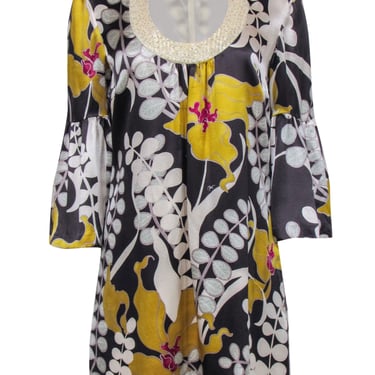 Trina Turk - Grey & Yellow Silk Floral Dress w/ Sequin Neckline & Bell Sleeves Sz 6