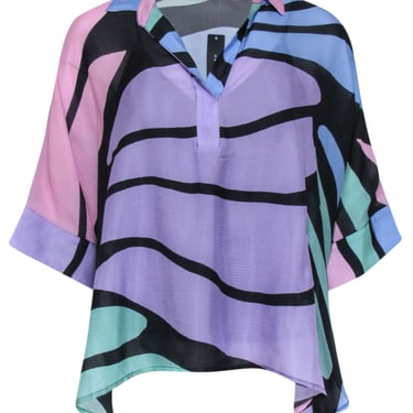 Natori - Purple, Green, Pink & Blue Abstract Print Silk Blouse Sz XS