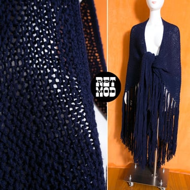 Lovely LONG Vintage 60s 70s Dark Navy Blue Crochet Throw Shawl Wrap with Fringe 