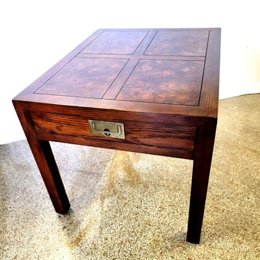 Henredon Campaign Walnut with Parquet Burl Wood End Tables / Nightstands 
