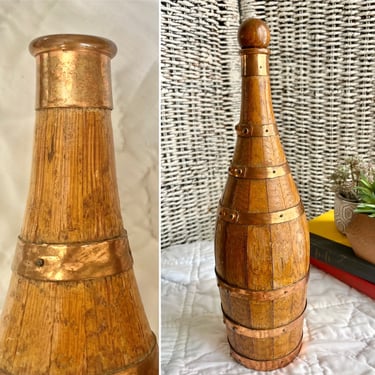 Rustic Copper and Wood Decanter, Bottle with Lid, Vintage Home Decor, Barware 