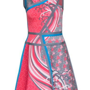Herve Leger - Coral Pink, Grey, & Blue "Eriko Tidal Wave" Jacquard Dress Sz M
