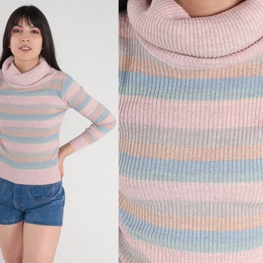 Striped Sweater Top 70s 80s Sparkly Ribbed Knit Turtleneck Sweater Metallic Pastel Pink Blue Orange Pullover Vintage 1980s Acrylic Small S 